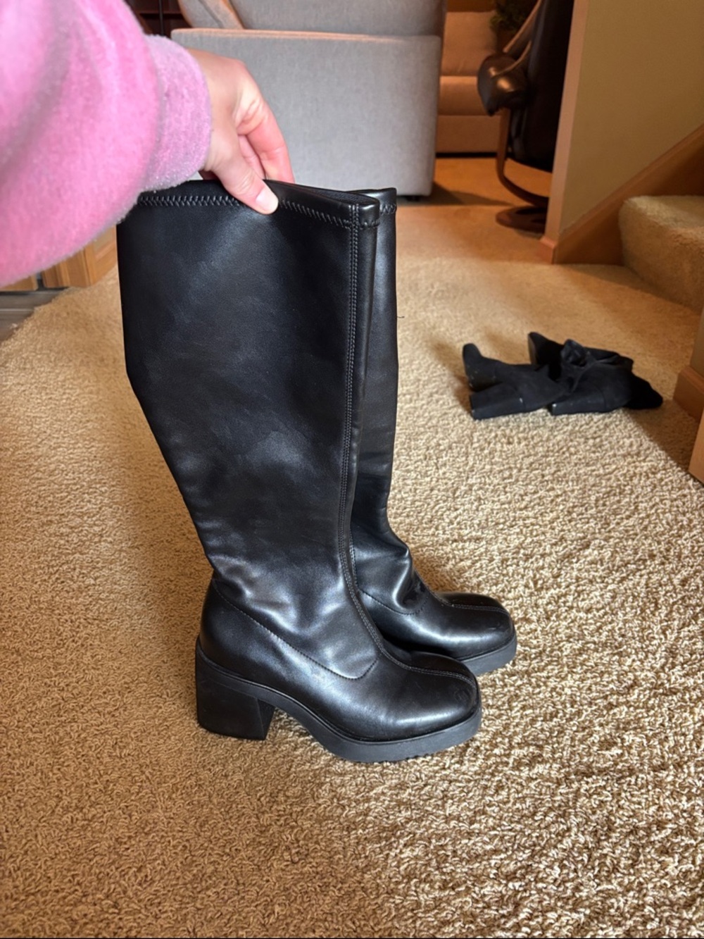 Black Mid-Calf Platform Heel Boots - Women